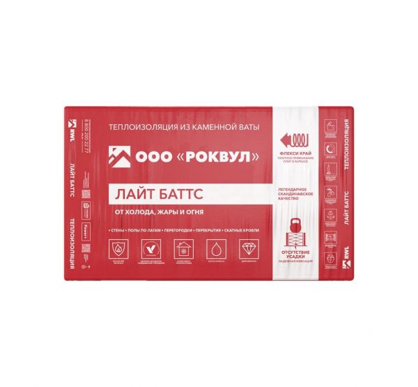 Утеплитель Роквул Лайт Баттс 50мм, 10 плит, 6м2, 600х1000мм, 0.3м3 от производителя  Rockwool по цене 1 943 р