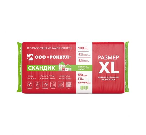 Утеплитель Роквул Скандик XL 100мм, 6 плит, 4.32м2, 600х1200мм, 0.432м3 от производителя  Rockwool по цене 2 205 р
