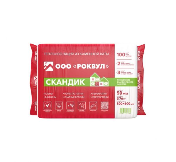 Утеплитель Роквул Скандик 50мм, 12 плит, 5.76м2, 600х800мм, 0.288м3 от производителя Rockwool по цене 1 435 р Утеплитель Роквул Скандик 50мм, 12 плит, 5.76м2, 600х800мм, 0.288м3 от производителя Rockwool по цене 1 435 р
