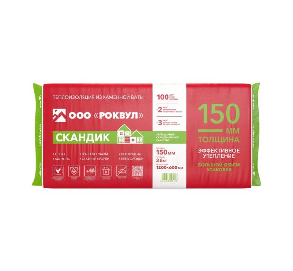 Утеплитель Роквул Скандик XL 150мм, 5 плит, 3.6м2, 600х1200мм, 0.54м3 от производителя  Rockwool по цене 2 765 р